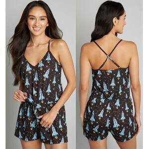 ModClothxBreakfast for Dinner Easy Does It Sleep Romper Black Rocket Women M NWT